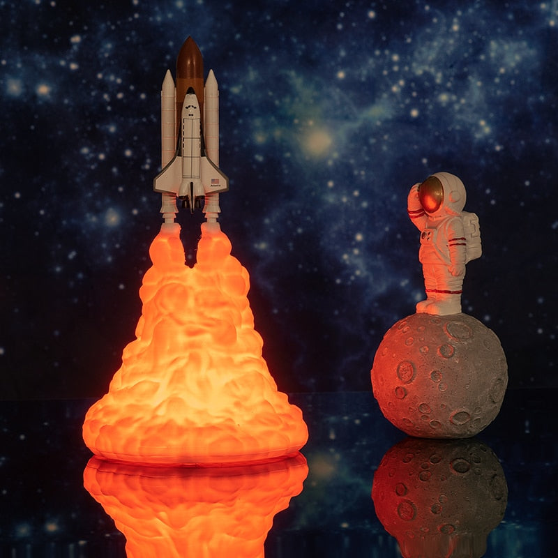 Off to Space LED Night Light Shoot for the stars Our 3D printed space shuttle night light is perfect for space lovers. Our material is made from environmentally friendly plant starch PLA which is nontoxic.  Mix and match with a variety of shapes and sizes